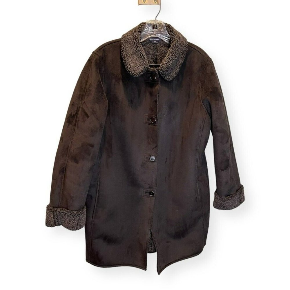 Lands' End Faux Suede Shearling Coat Jacket Longline Women's Size M 10-12‎ Black